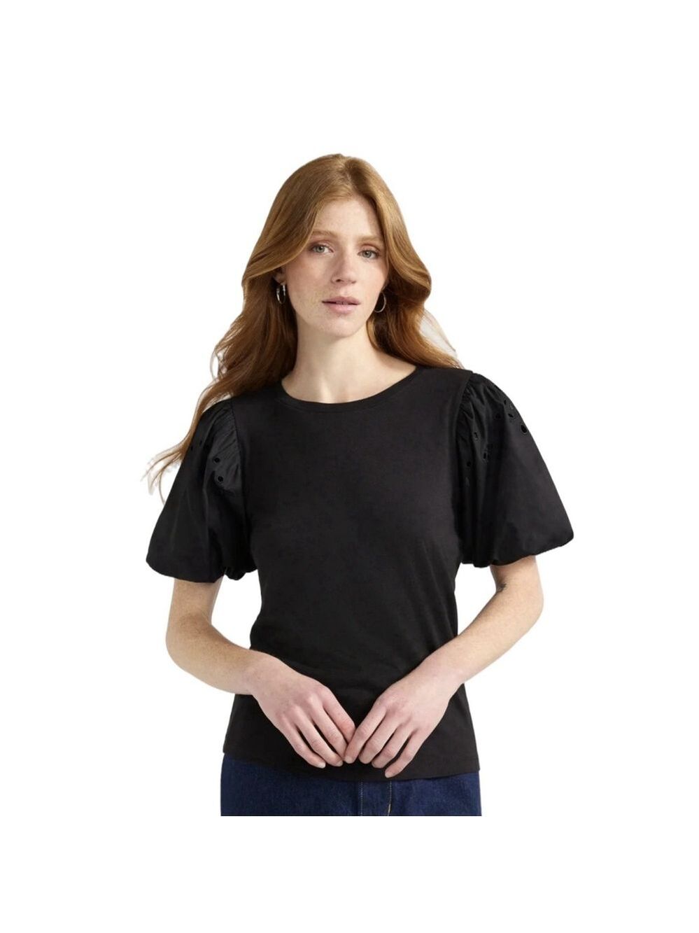 Free Assembly Eyelet Lace Puff Sleeve Top Plus Sz XXL Black Boho Peasant Preppy